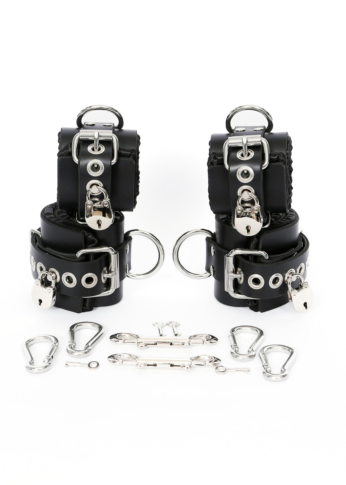 Locking Black Satin-Lined Leather Wrist and Ankle Cuffs - Dark Desires Boutique