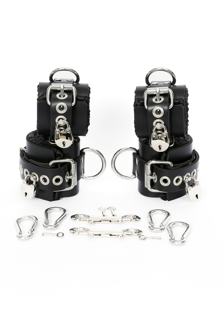 Locking Black Satin-Lined Leather Wrist and Ankle Cuffs - Dark Desires Boutique