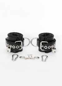 Locking Black Satin-Lined Leather Wrist and Ankle Cuffs - Dark Desires Boutique