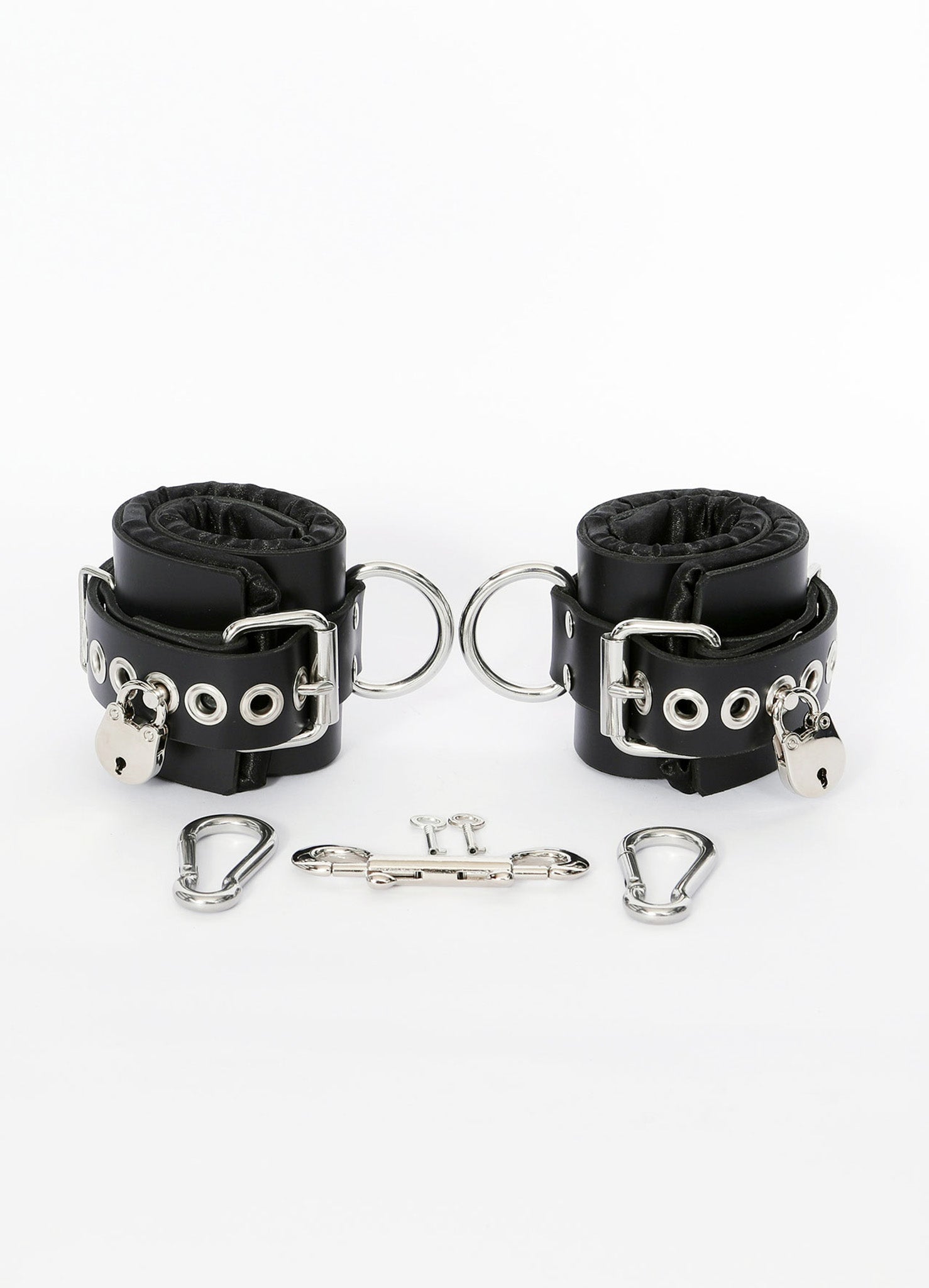 Locking Black Satin-Lined Leather Wrist and Ankle Cuffs - Dark Desires Boutique