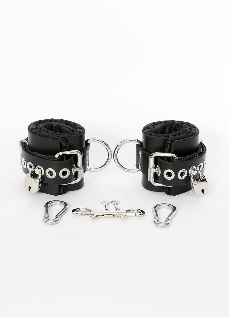 Locking Black Satin-Lined Leather Wrist and Ankle Cuffs - Dark Desires Boutique