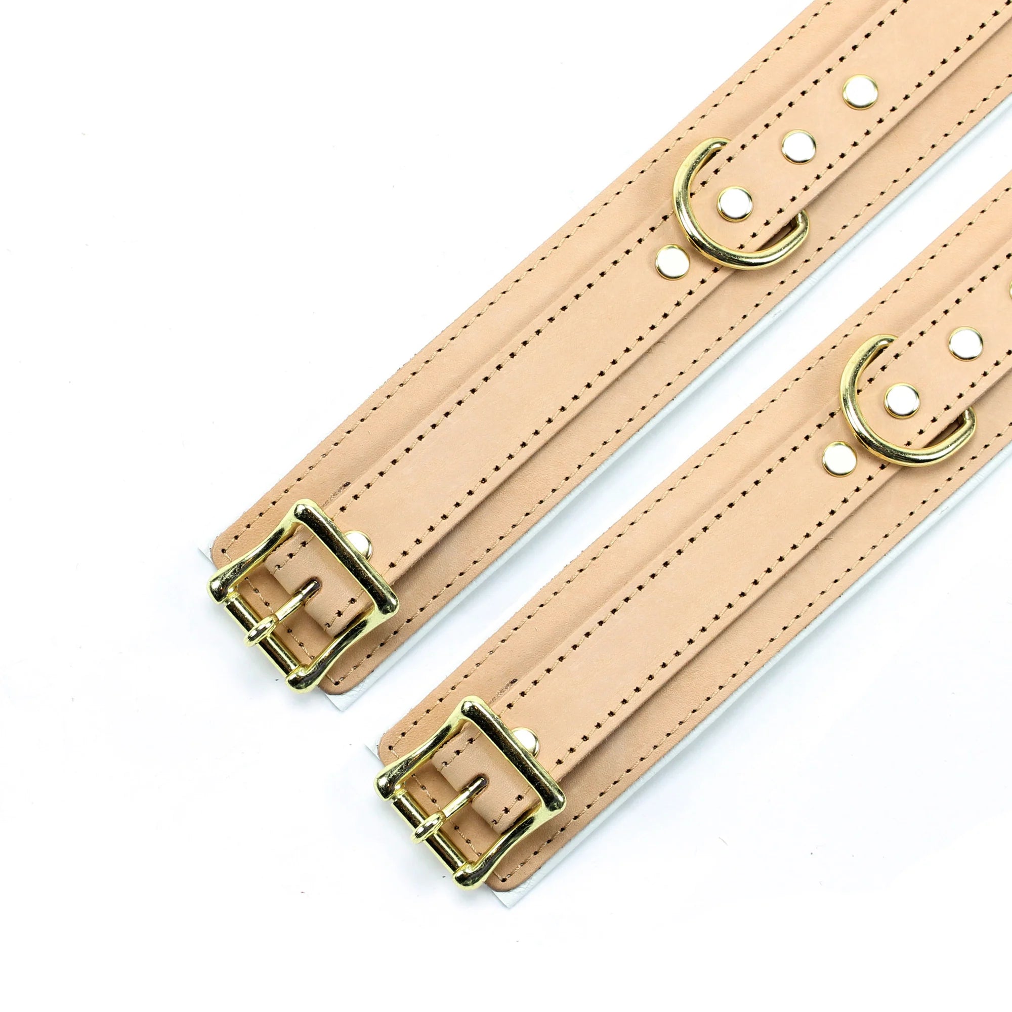 Galen Padded Champagne Leather Locking Wrist and Ankle Cuffs - Dark Desires Boutique