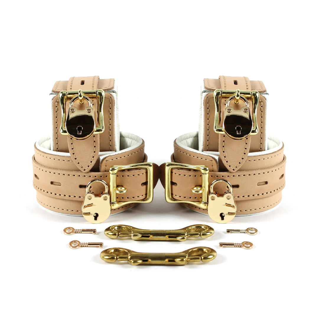 Galen Padded Champagne Leather Locking Wrist and Ankle Cuffs - Dark Desires Boutique
