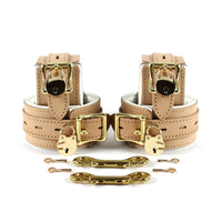 Galen Padded Champagne Leather Locking Wrist and Ankle Cuffs - Dark Desires Boutique