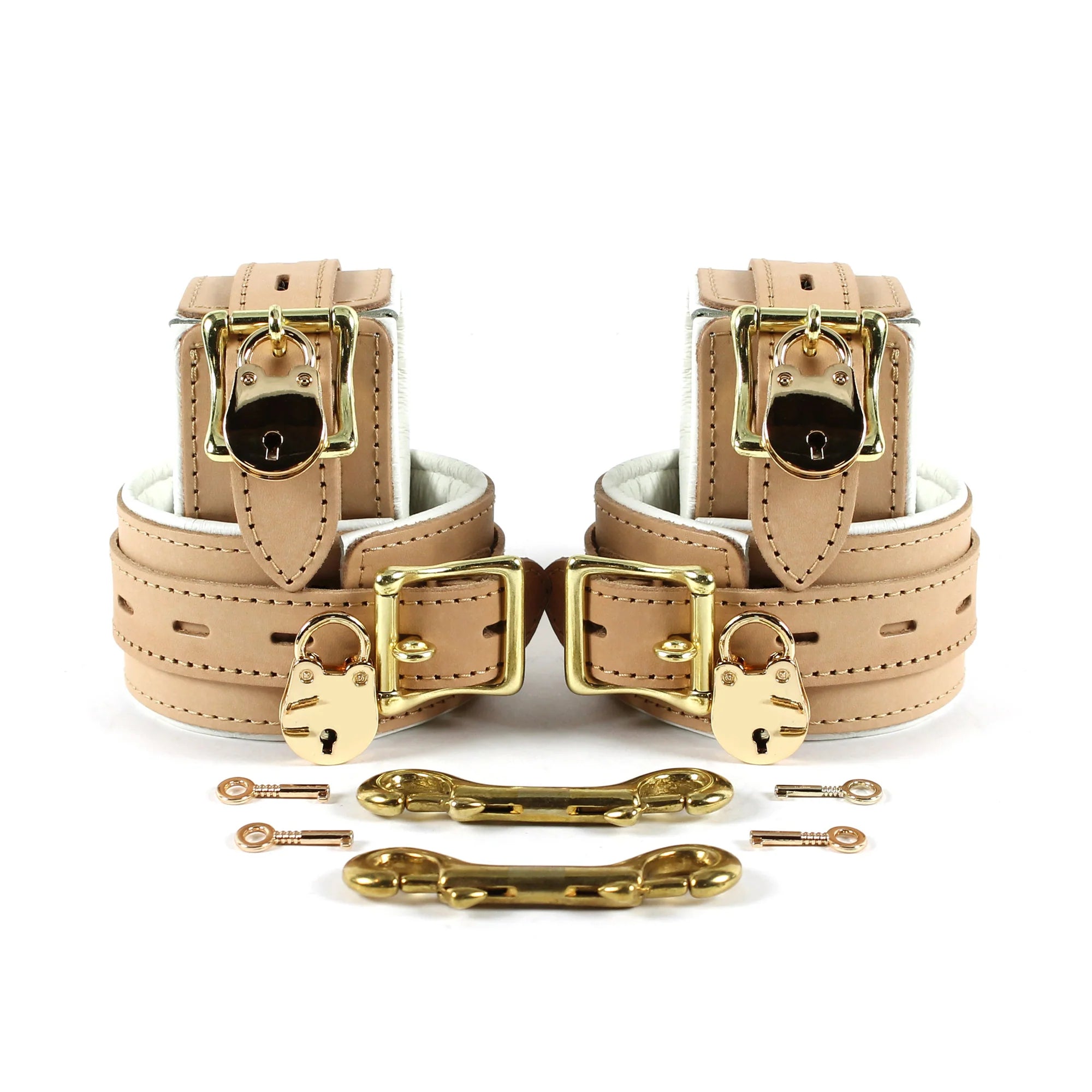 Galen Padded Champagne Leather Locking Wrist and Ankle Cuffs - Dark Desires Boutique