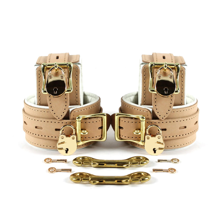 Galen Padded Champagne Leather Locking Wrist and Ankle Cuffs - Dark Desires Boutique