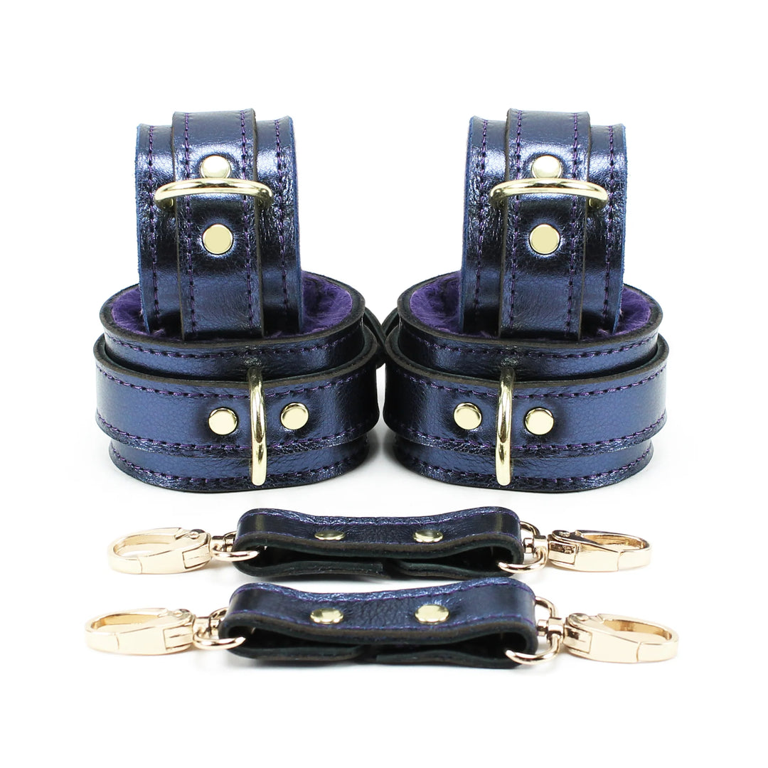 Sonya Sapphire Metallic Special Edition Leather Bondage Wrist and Ankle Restraint Set - Dark Desires Boutique