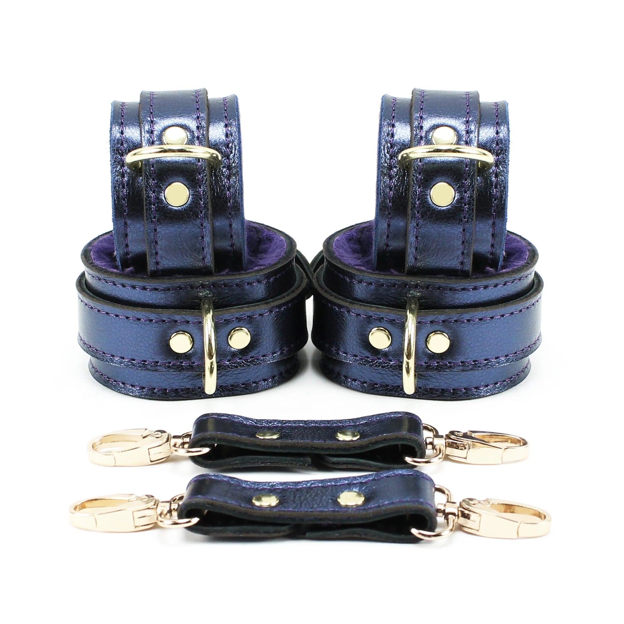 Sonya Sapphire Metallic Special Edition Leather Bondage Wrist and Ankle Restraint Set - Dark Desires Boutique