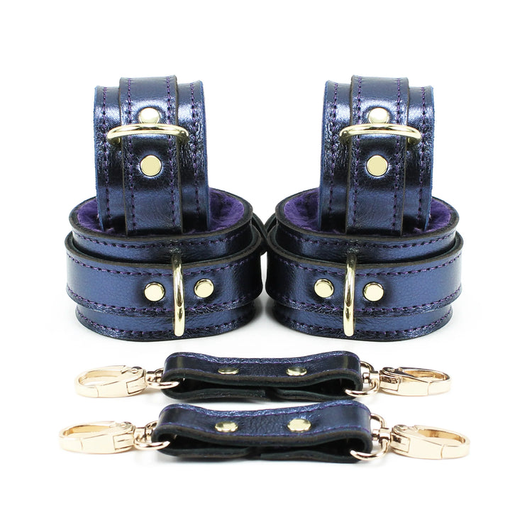 Sonya Sapphire Metallic Special Edition Leather Bondage Wrist and Ankle Restraint Set - Dark Desires Boutique