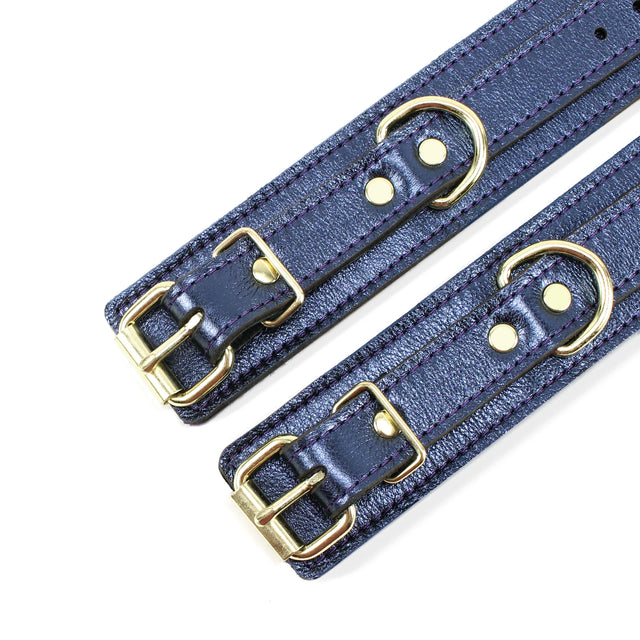 Sonya - Special Edition Fur Lined Metallic Sapphire Leather Wrist and Ankle Restraints - Dark Desires Boutique