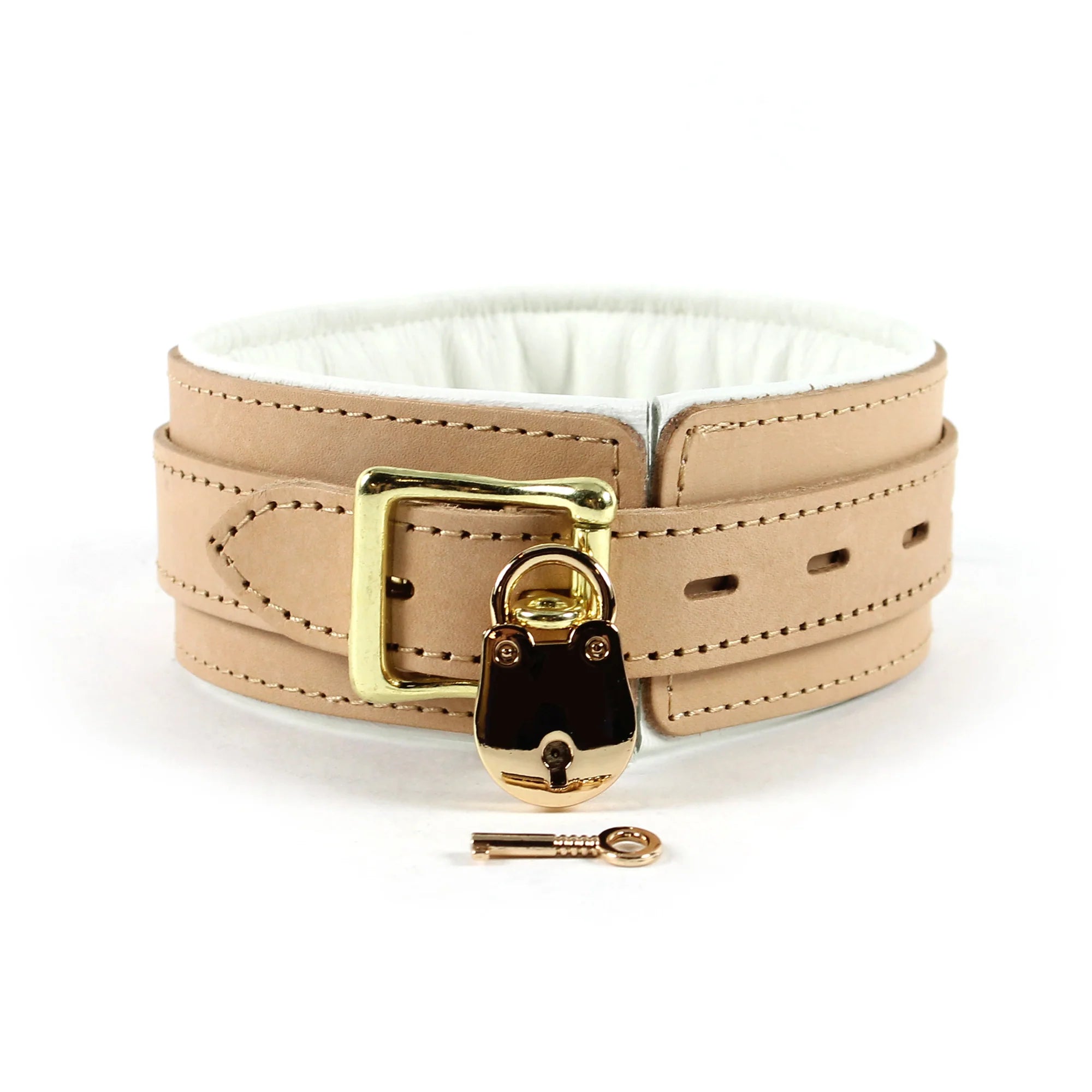 Galen Padded Champagne Leather Bondage Locking Collar & Leash Set - Dark Desires Boutique