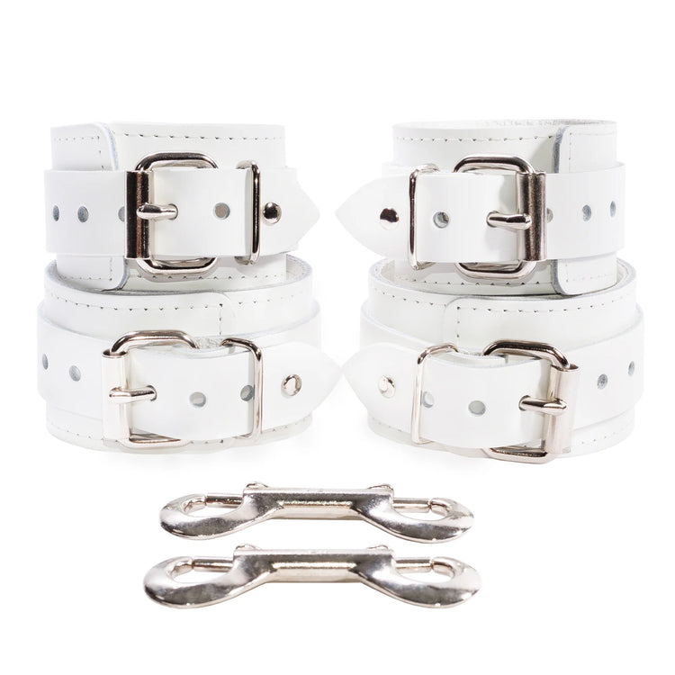 Frostine - Ice White Leather Wrist and Ankle Bondage Restraints - Dark Desires Boutique