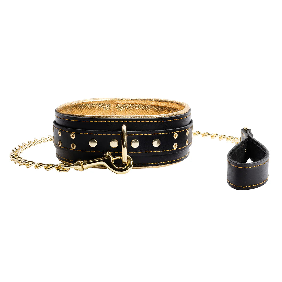 Theodora - Black and Gold Padded Leather BDSM Sub Collar and Leash Set - Dark Desires Boutique