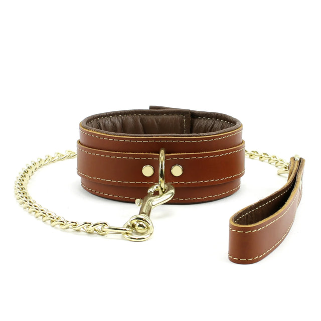 Finn - Mocha Padded Leather BDSM Collar & Leash Set - Dark Desires Boutique