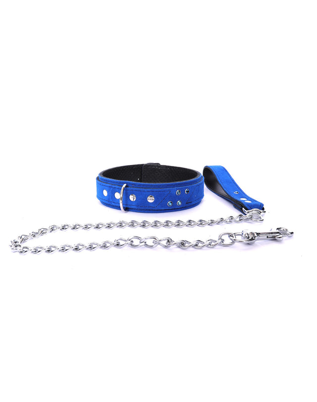 Daphne - Cobalt Suede Collar & Leash Set Enhanced with Swarovski Crystals - Dark Desires Boutique